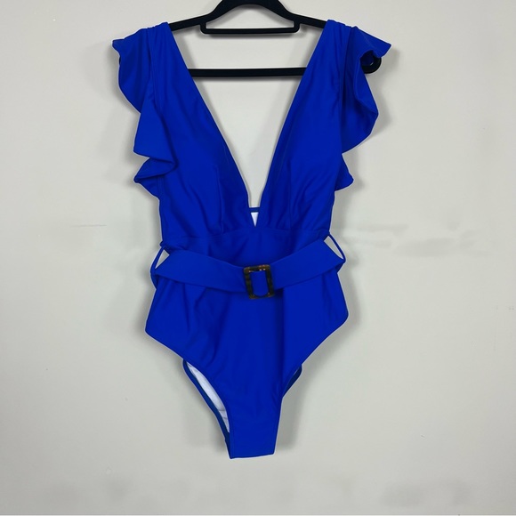 ONE PIECE SWIMSUIT PLUNGE V RUFFLE NECKLINE WITH BELT COBALT BLUE SIZE XL - Picture 3 of 15